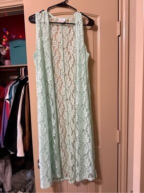 LuLaRoe Joy Lace Duster Vest Mint Aqua Small